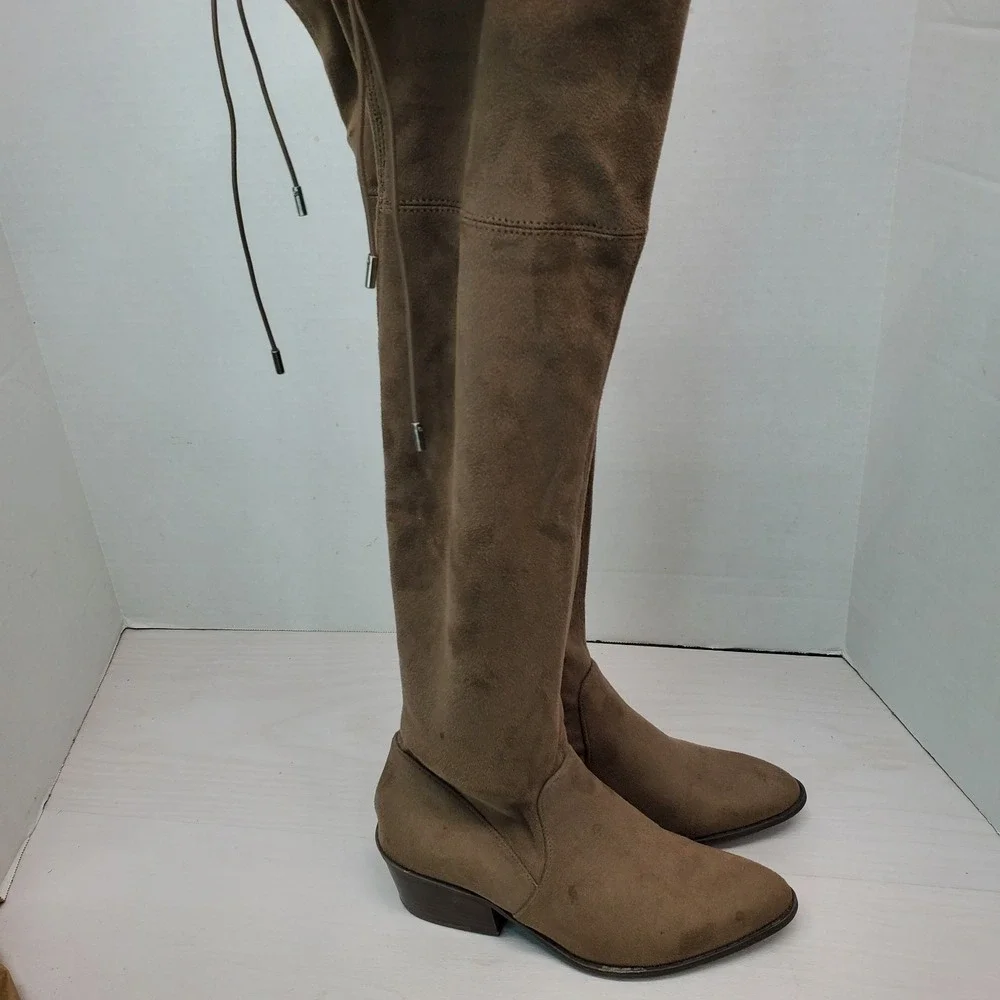 Taupe Faux Suede Over the‎ Knee Boots Pointed Toe Block Heel Tie Back Brown Boho